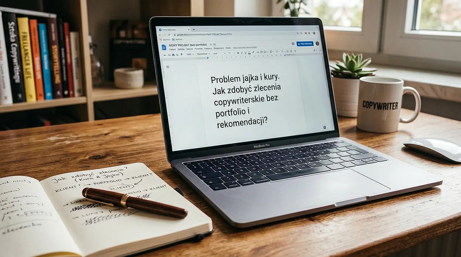 Zdjęcie biurka z otwartym laptopem, na którego ekranie widnieje tytuł artykułu: „Problem jajka i kury. Jak zdobyć zlecenia copywriterskie bez portfolio i rekomendacji?”. Obok leży otwarty notes i kubek z napisem „COPYWRITER”.